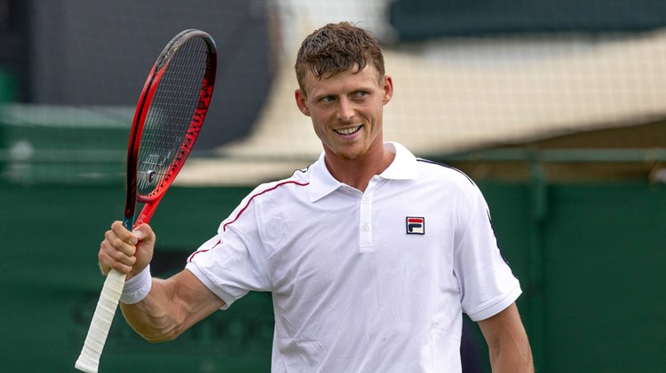 Billy Harris celebrates winning the second round of Wimbledon qualifiers