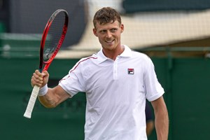Billy Harris celebrates winning the second round of Wimbledon qualifiers