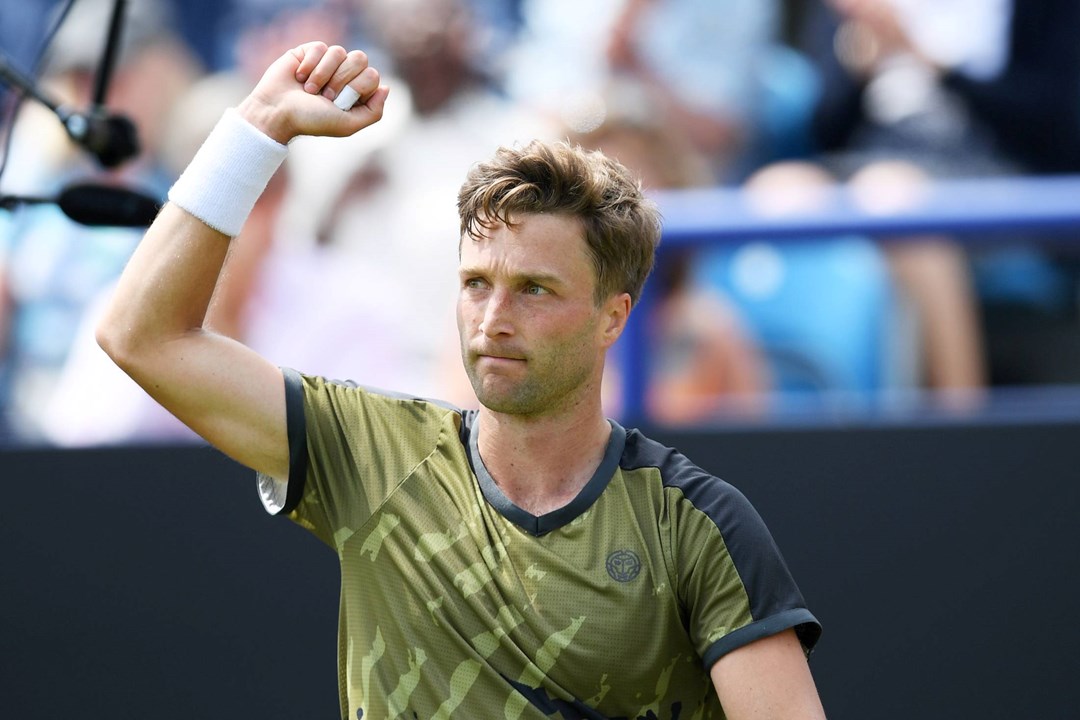 Liam Broady celebrates his first round win at the Rothesay International Eastbourne