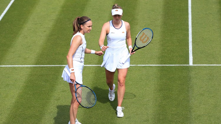 Alicia Barnett and Olivia Nicholls fist bump at the Rothesay Classic Birmingham