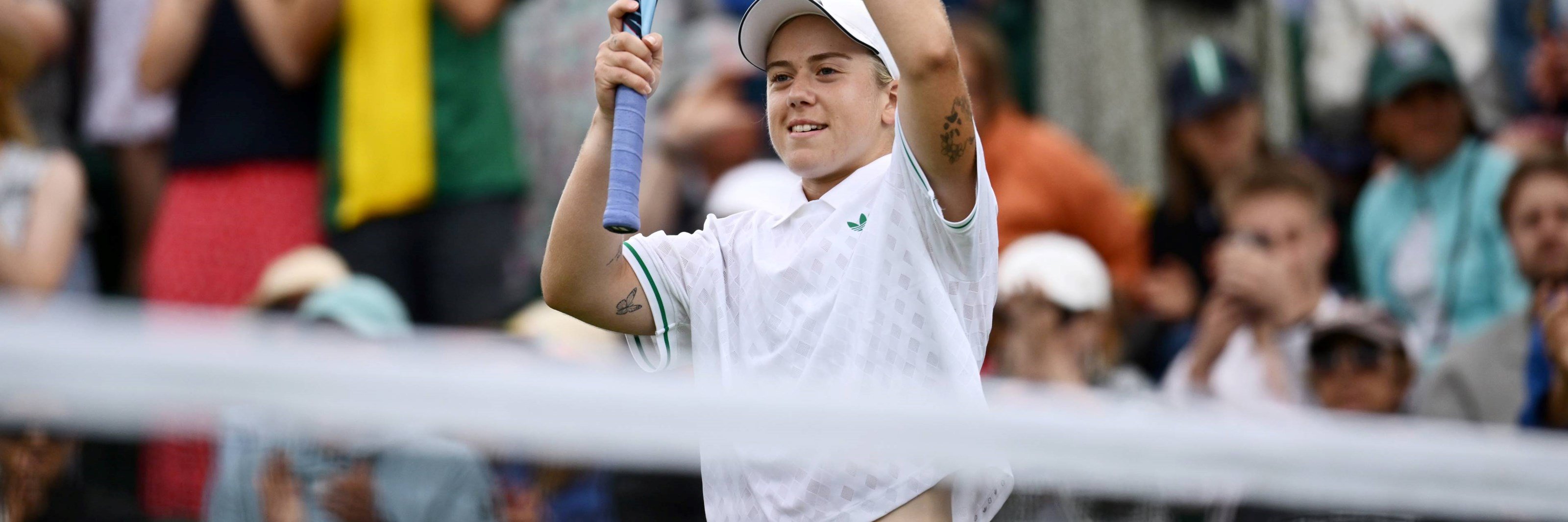 Sonay Kartal applauds the crowd after winning in the second round at Wimbledon
