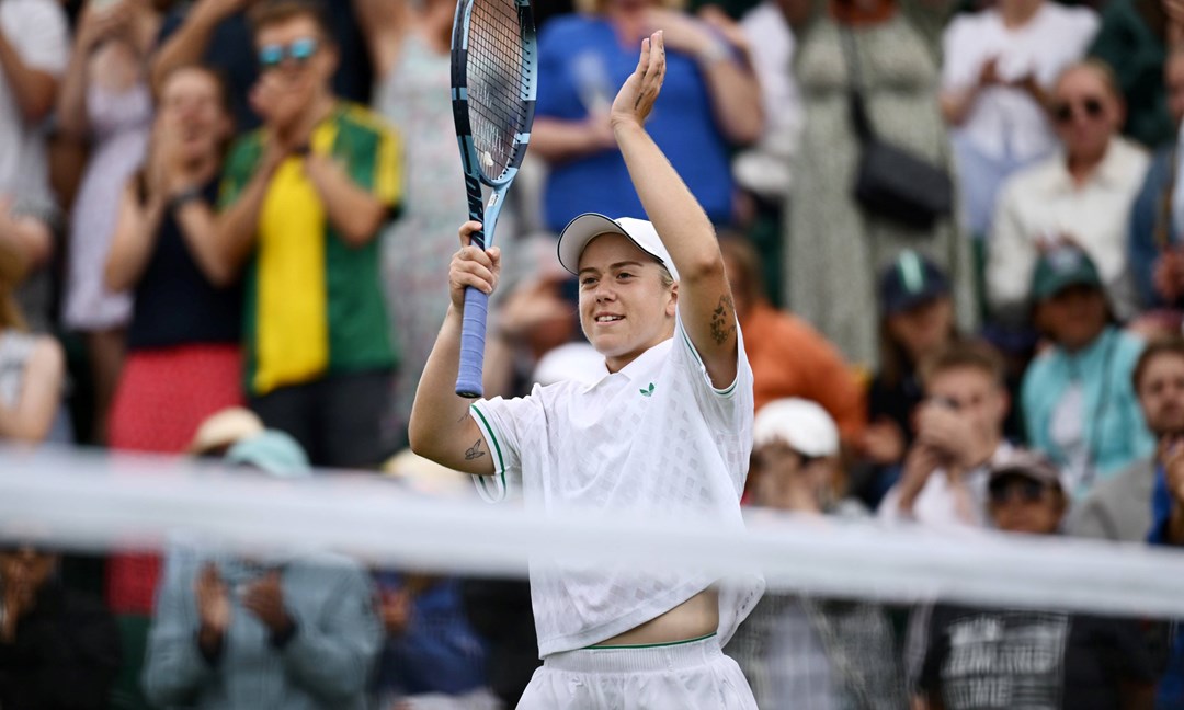 Sonay Kartal applauds the crowd after winning in the second round at Wimbledon