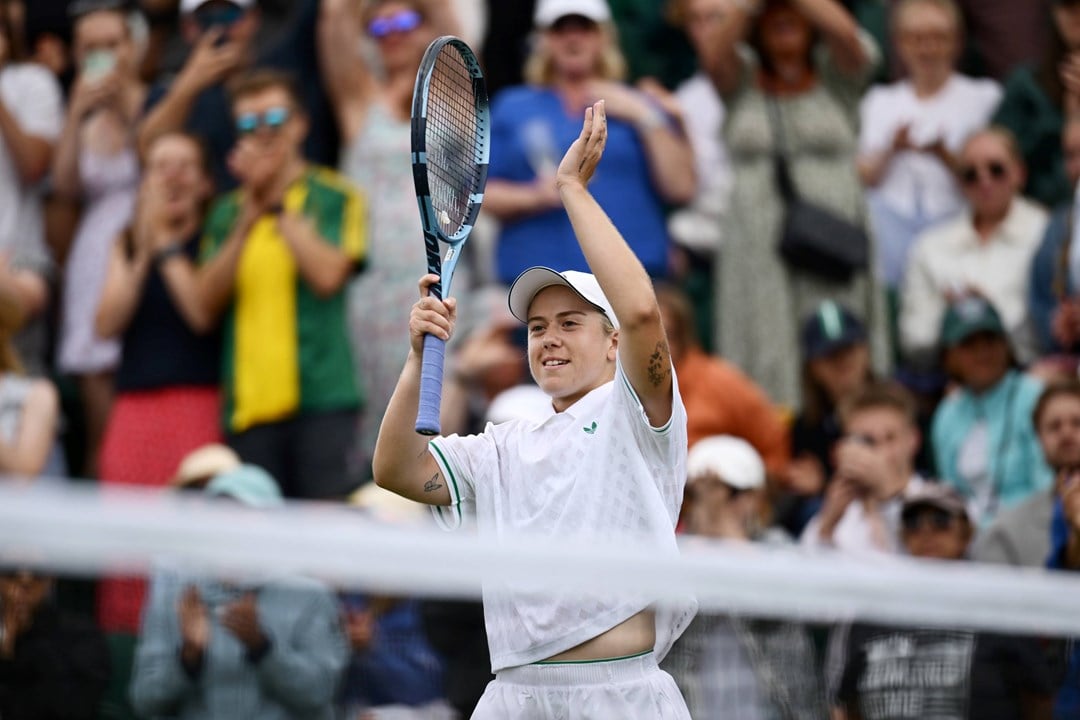 Sonay Kartal applauds the crowd after winning in the second round at Wimbledon