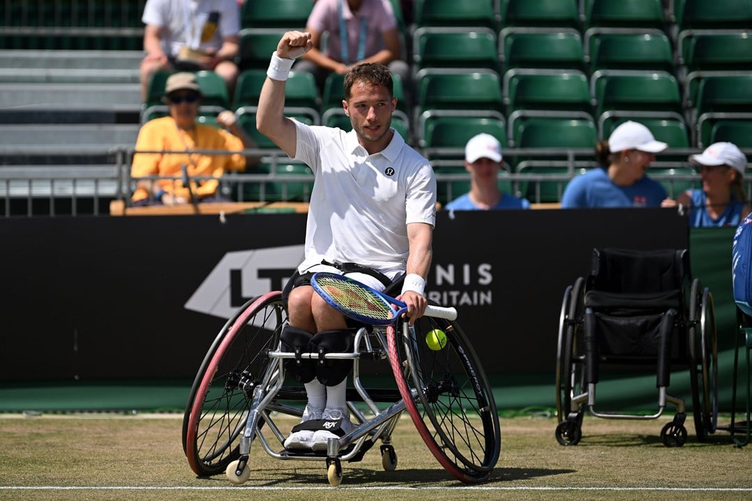 Alfie Hewett raises a fist in celebration after winning the Lexus British Open final