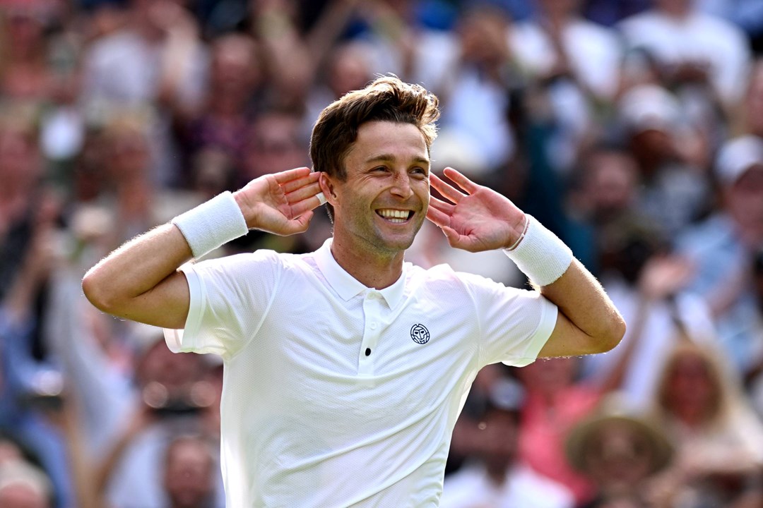 Liam Broady celebrates reaching the third round at Wimbledon with win over fourth seed Casper Ruud