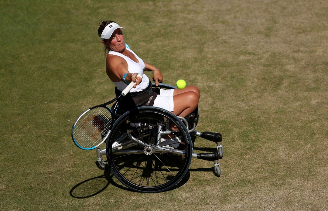 Lucy Shuker in action during the semi-finals of the Women's Singles Wheelchair semi-finals at the 2022 Championships Wimbledon