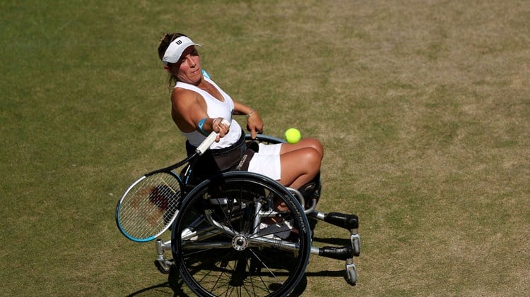 Lucy Shuker in action during the semi-finals of the Women's Singles Wheelchair semi-finals at the 2022 Championships Wimbledon