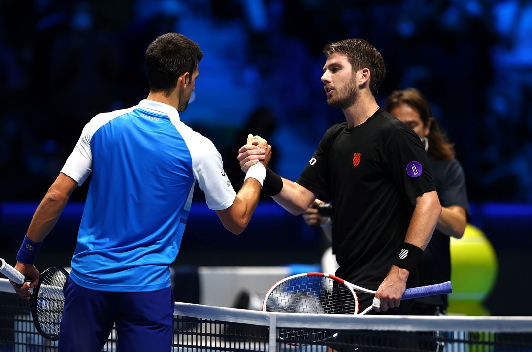 Cam Norrie and Novak Djokovic shake hands at the Nitto ATP Finals