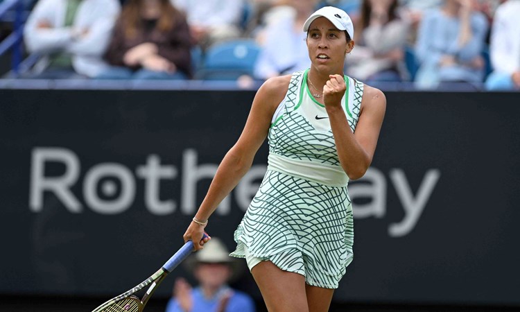 Madison Keys clenching her fist in celebration on court at the Rothesay International 
