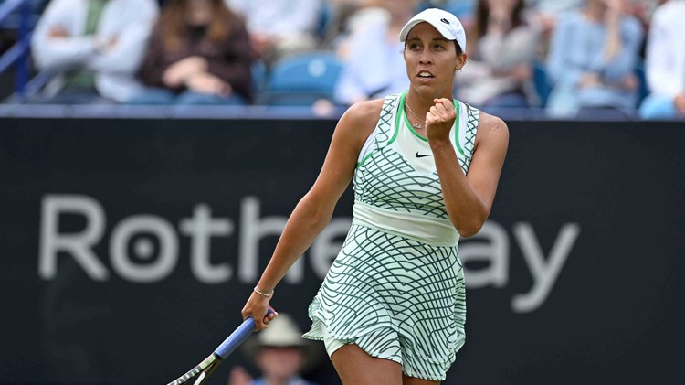 Madison Keys clenching her fist in celebration on court at the Rothesay International 