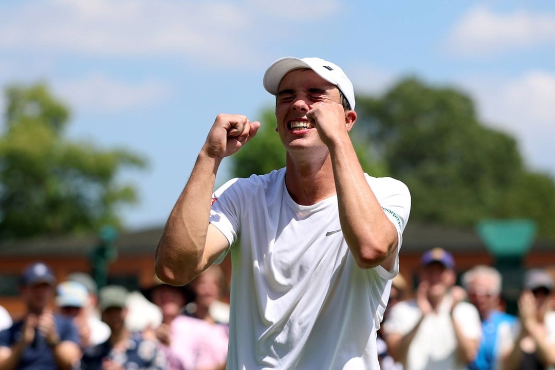 Britain's Oliver Tarvet celebrates a first round win at Wimbledon 2025