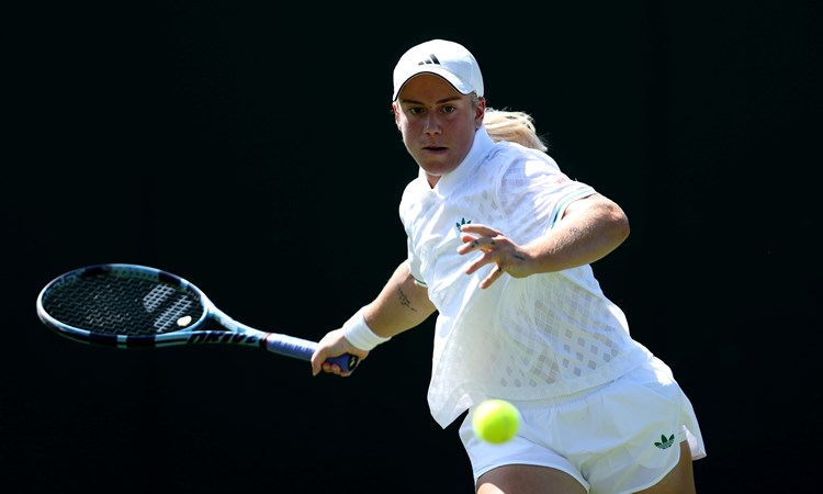 Sonay Kartal lines up a forehand in the opening round of Wimbledon 2025