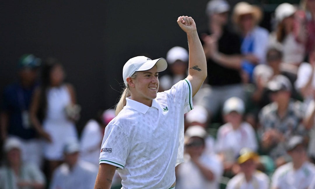 Sonay Kartal pumps her fist in celebration after beating Jelena Ostapenko at Wimbledon