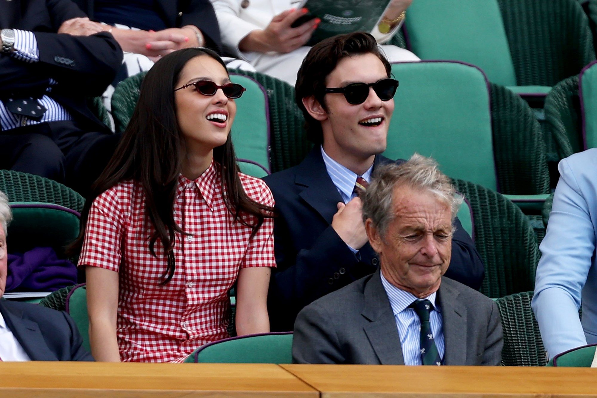 Musician Olivia Rodrigo and her partner Louis Partridge enjoying the action on Centre Court at Wimbledon