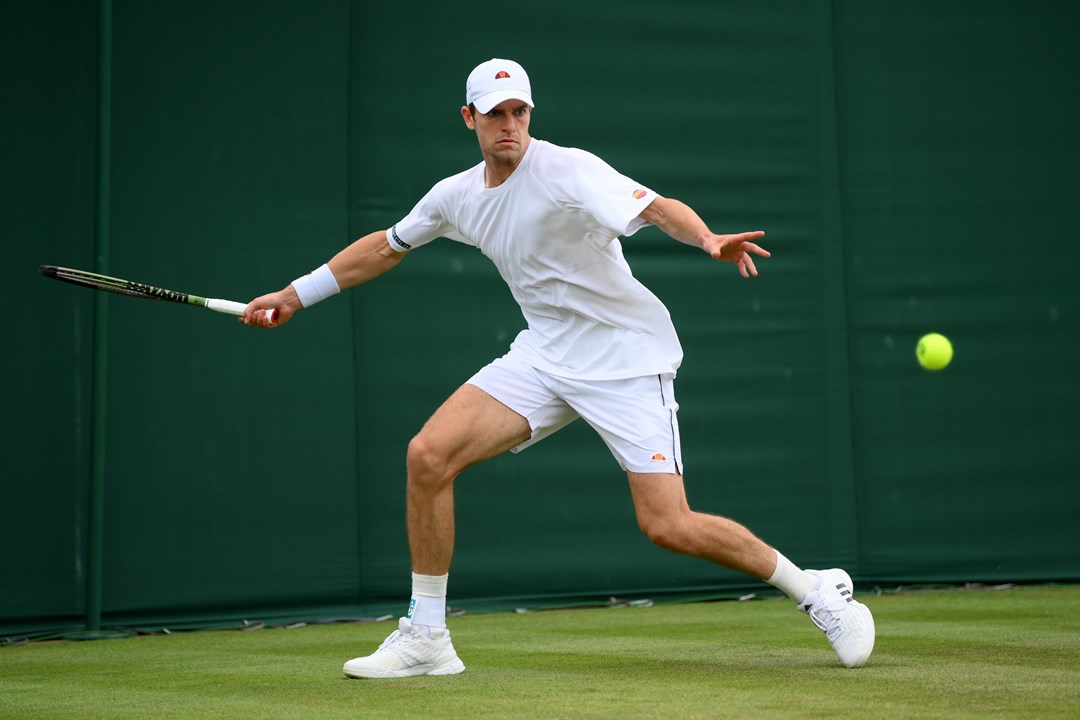 Alastair Gray in action during his second round match against Taylor Fritz at Wimbledon 2022