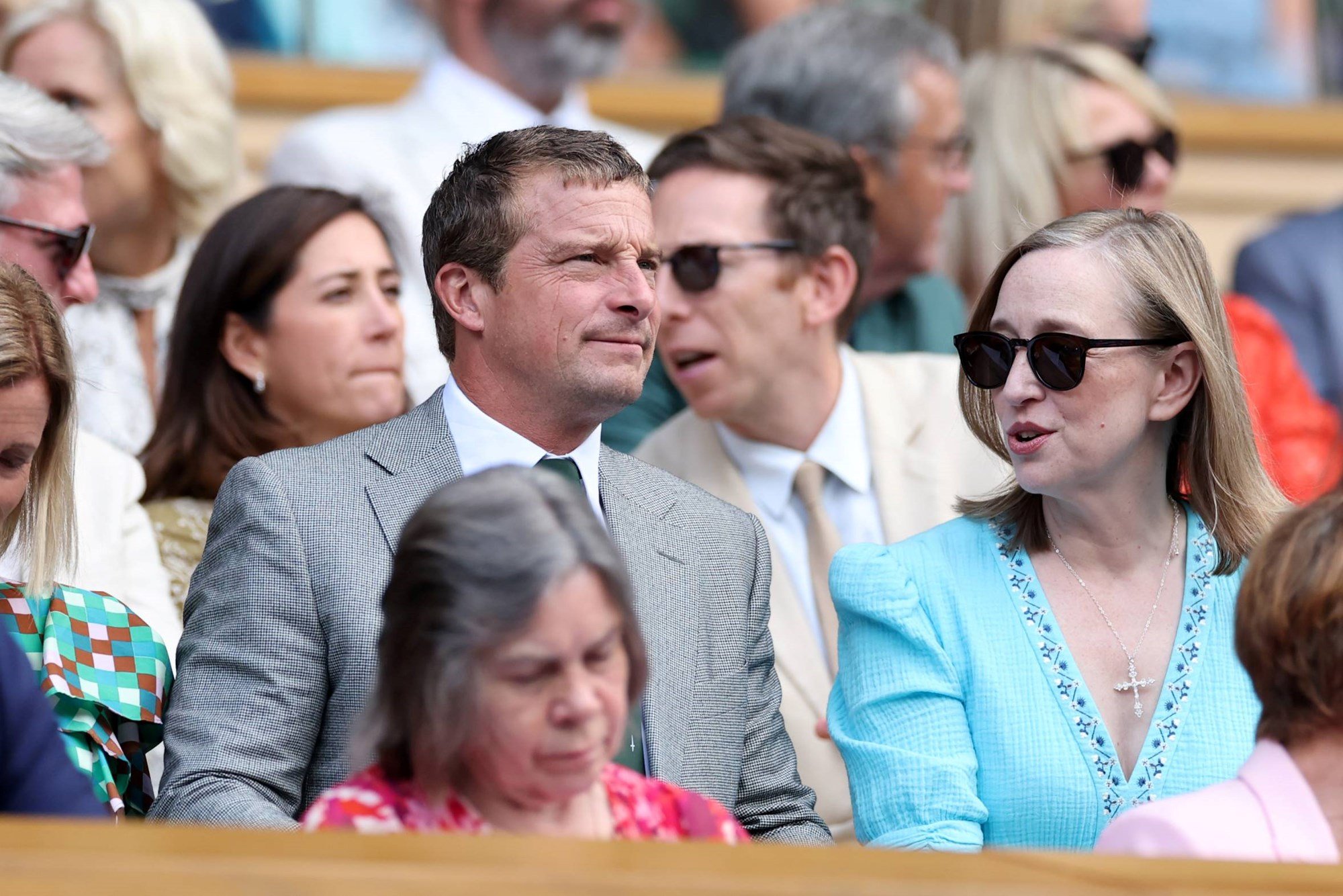 Bear Grylls watches on during Dan Evans vs Novak Djokovic at Wimbledon