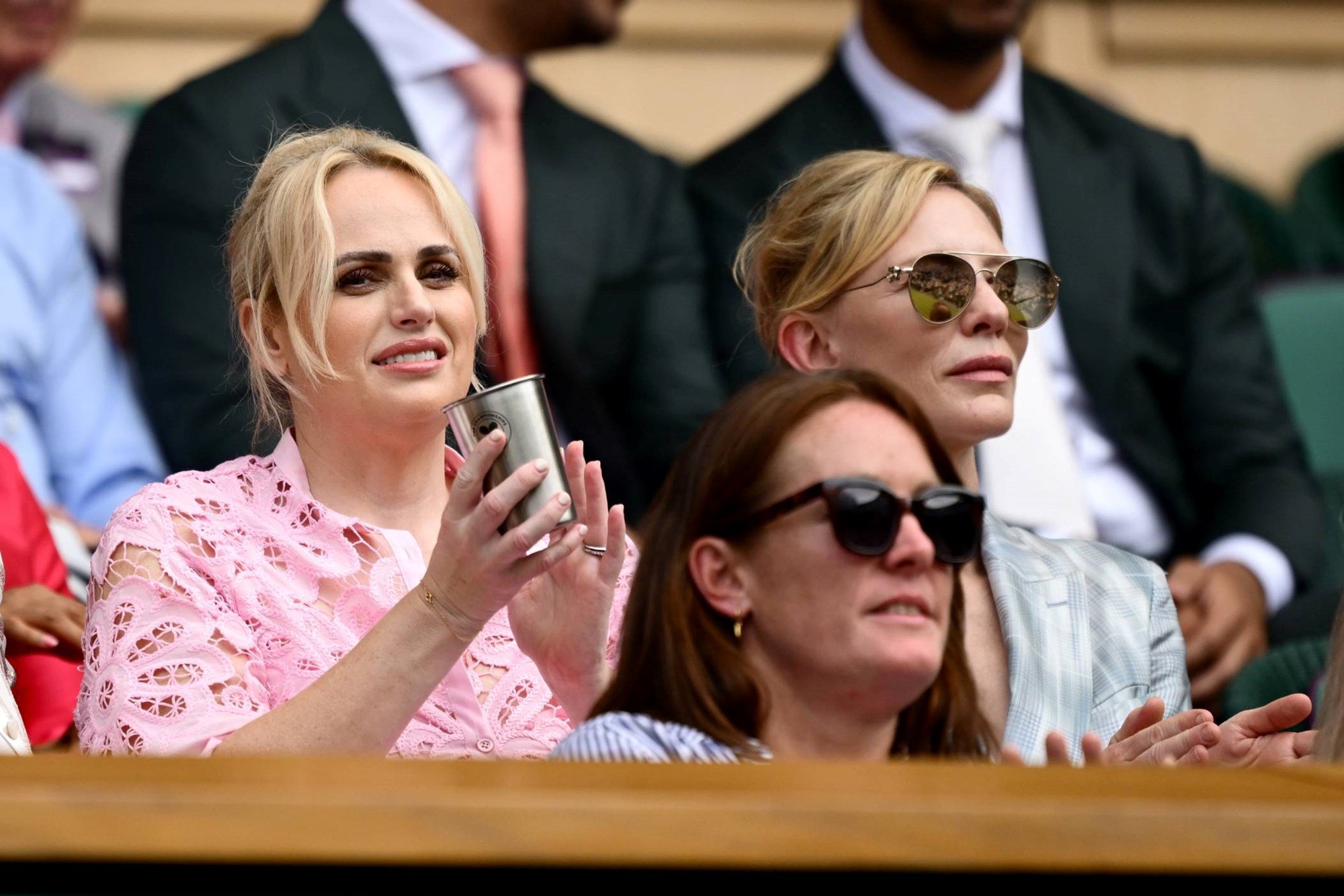 Actresses Rebel Wilson and Cate Blanchett are seen in the Royal Box prior to women's singles first round match 