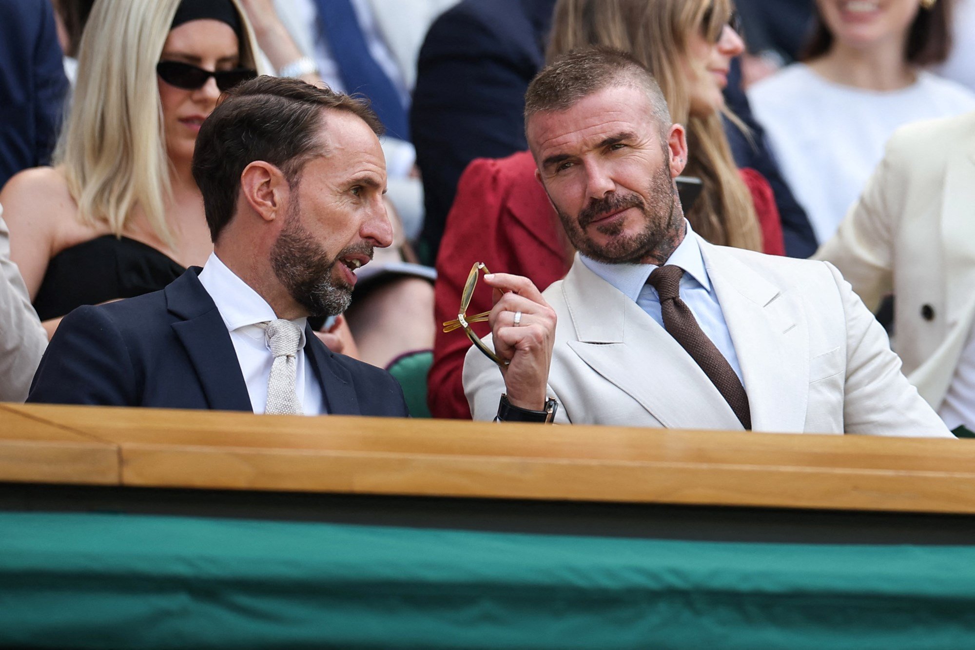 Former England Manager Gareth Southgate chatting with David Beckham in the Royal Box on Centre Court