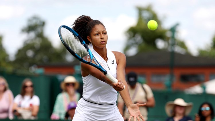 Britain's Ranah Stoiber hits a volley at Junior Wimbledon 2023