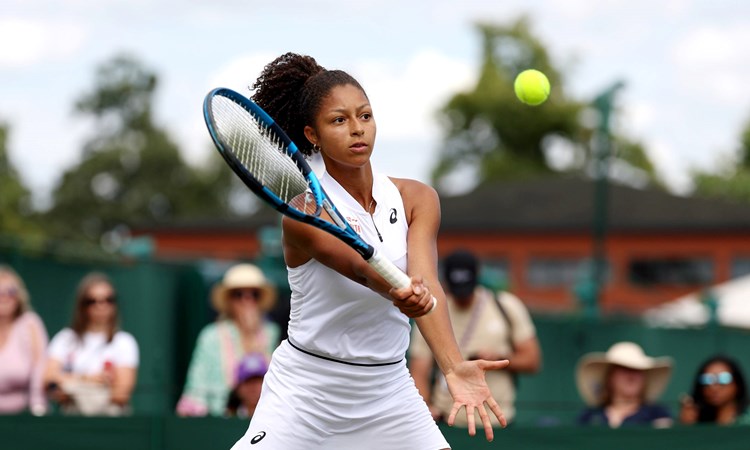 Britain's Ranah Stoiber hits a volley at Junior Wimbledon 2023