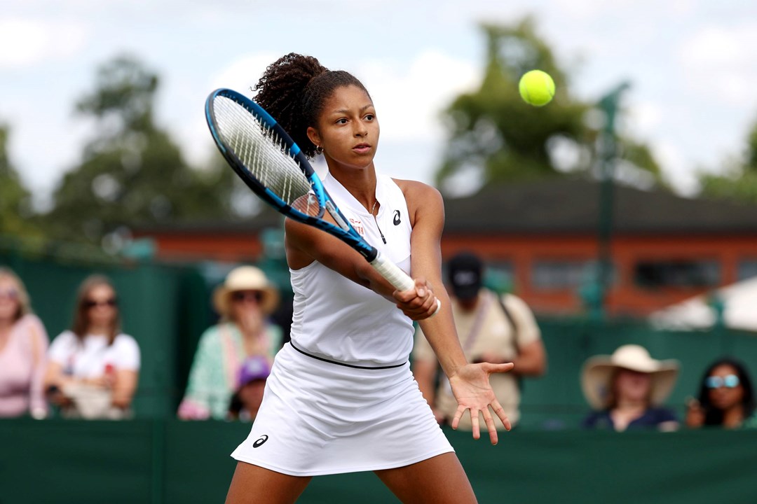 Britain's Ranah Stoiber hits a volley at Junior Wimbledon 2023