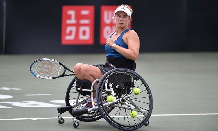 Lucy Shuker celebrating after winning a point during  her women's singles quarter-final match at the 2022 British Open