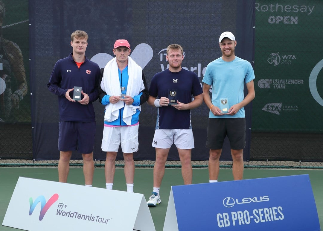 Finn Bass and Emile Hudd pictured with William Nolan and Jack Pinnington Jones during the trophy ceremony at the the ITF World Tennis Tour M25 event in Nottingham.