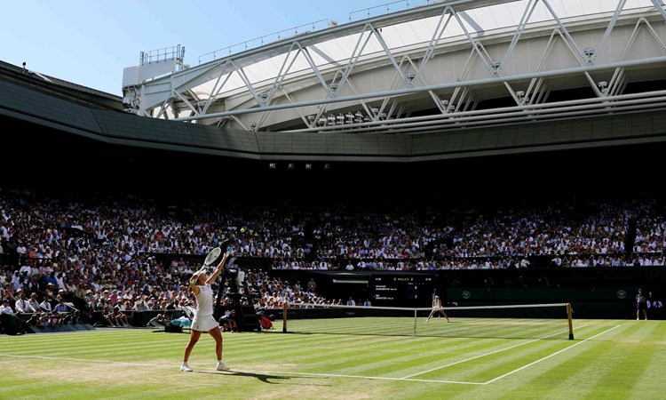 A view from the back corner of Wimbledon's centre court as a female player tosses the ball up to serve in front of a packed out crowd