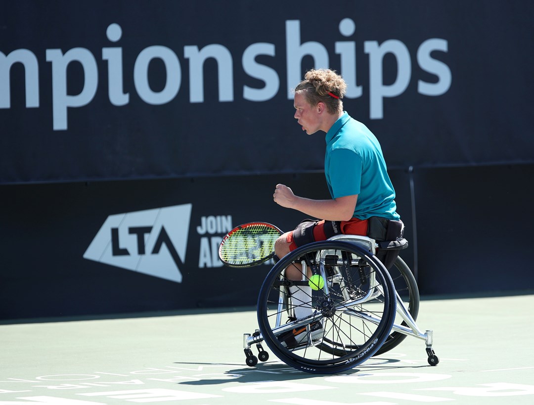 Ben Bartram celebrating winning a point during the finals of the Nottingham Futures men's singles tournament