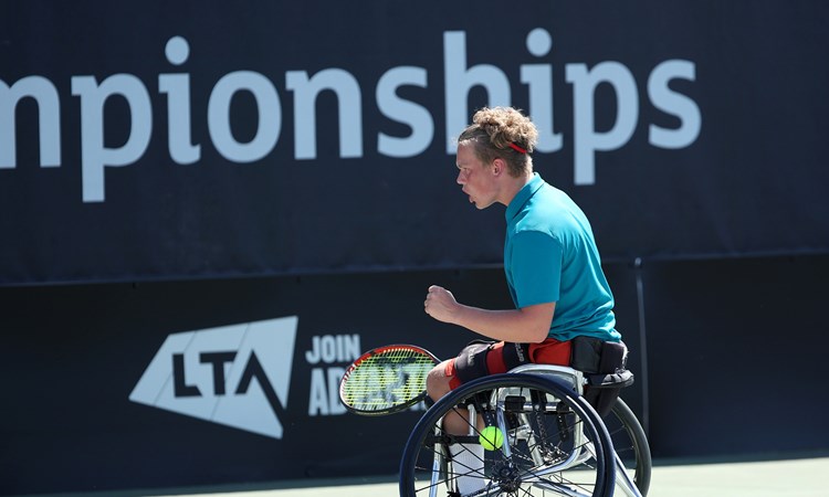 Ben Bartram celebrating winning a point during the finals of the Nottingham Futures men's singles tournament