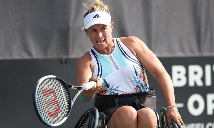 Lucy Shuker in action during the final of the British Open Wheelchair women's singles event at the Nottingham Tennis Centre