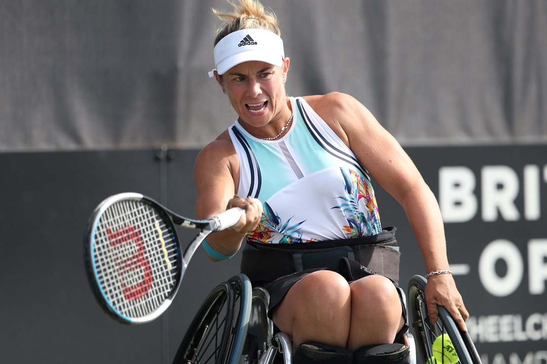 Lucy Shuker in action during the final of the British Open Wheelchair women's singles event at the Nottingham Tennis Centre