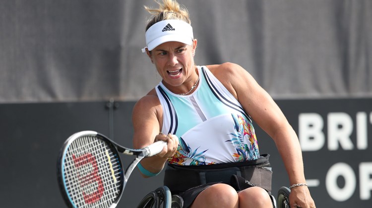 Lucy Shuker in action during the final of the British Open Wheelchair women's singles event at the Nottingham Tennis Centre
