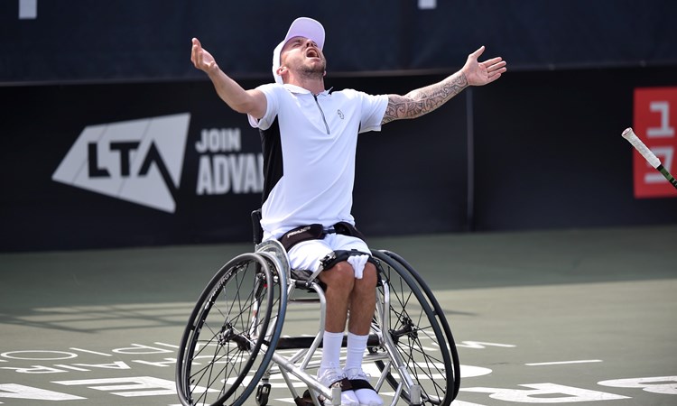 Andy Lapthorne celebrating after winning championship point in the quad singles final at the 2022 British Open