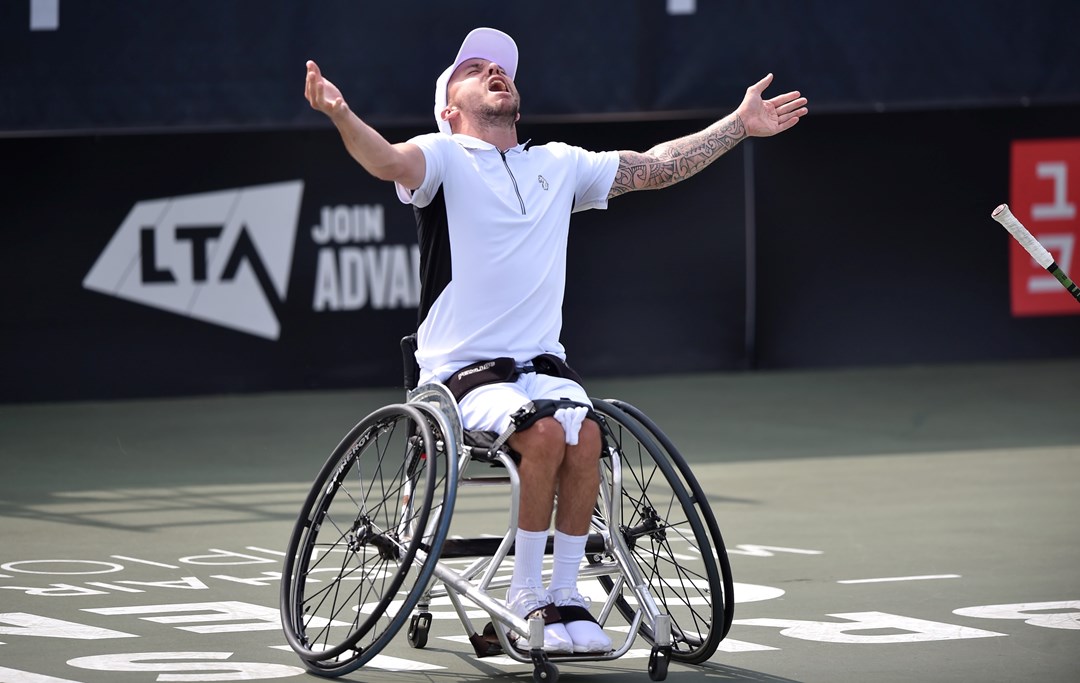 Andy Lapthorne celebrating after winning championship point in the quad singles final at the 2022 British Open