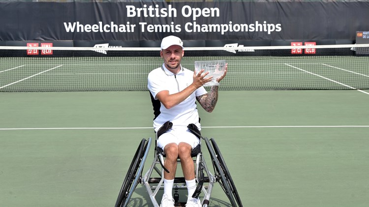 Andy Lapthorne poses with the trophy after being crowned the 2022 champion of the British Open quad singles event