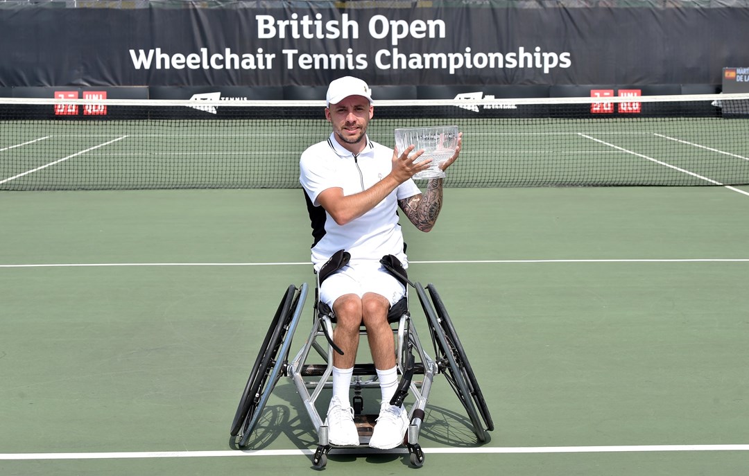 Andy Lapthorne poses with the trophy after being crowned the 2022 champion of the British Open quad singles event