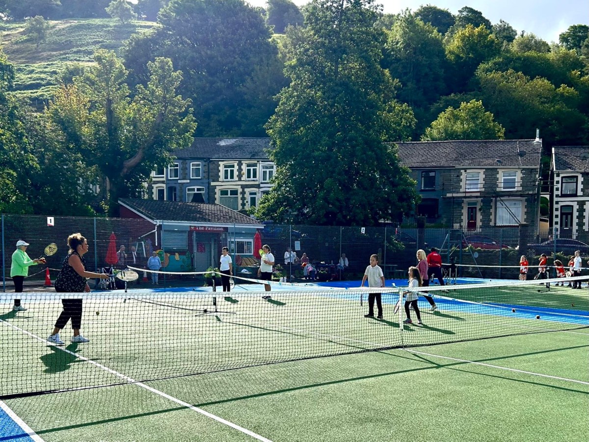 Pupils from a nearby Primary School in Abertillery engaged in a park court session following the refurbishment of Six Bells Park.