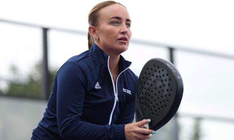 Great Britain's Aimee Gibson holding a padel racket on court waiting for a shot
