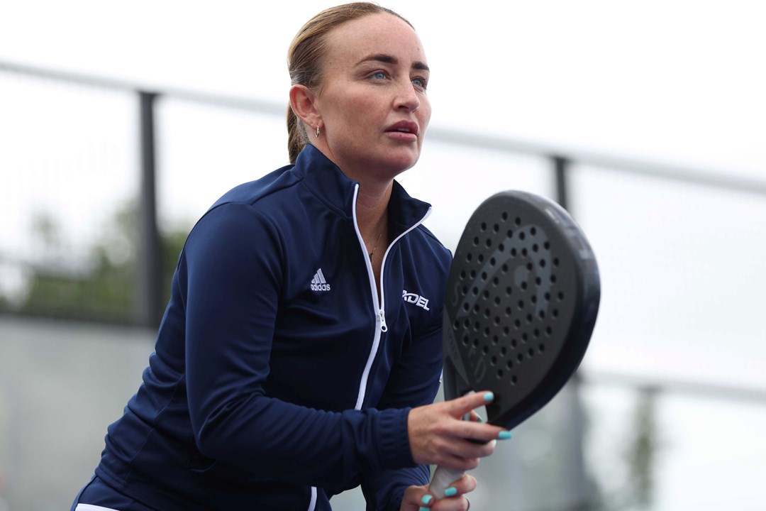 Great Britain's Aimee Gibson holding a padel racket on court waiting for a shot