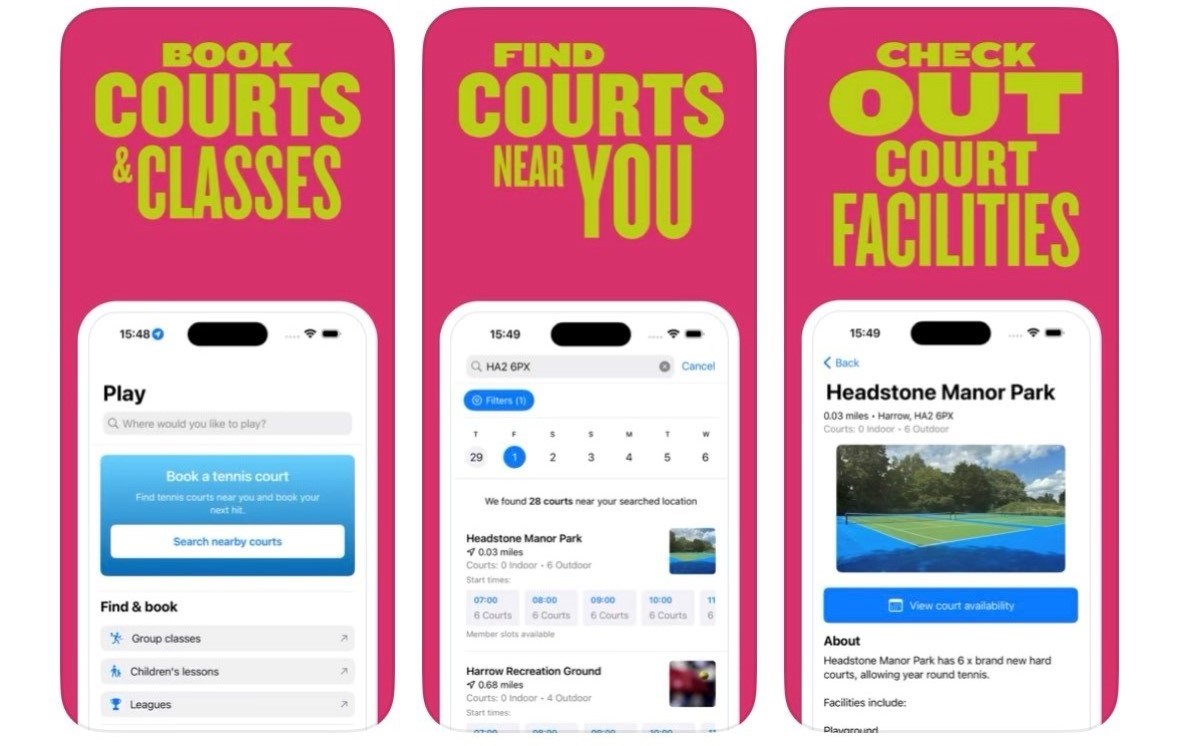 Screenshots of how the LTA's 'Play Tennis' app looks in the App store