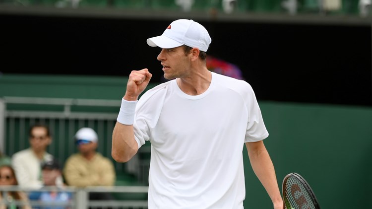 Alastair Gray celebrates a point against Taylor Fritz during their Men's Singles Second Round match on day four of The Championships Wimbledon 2022 