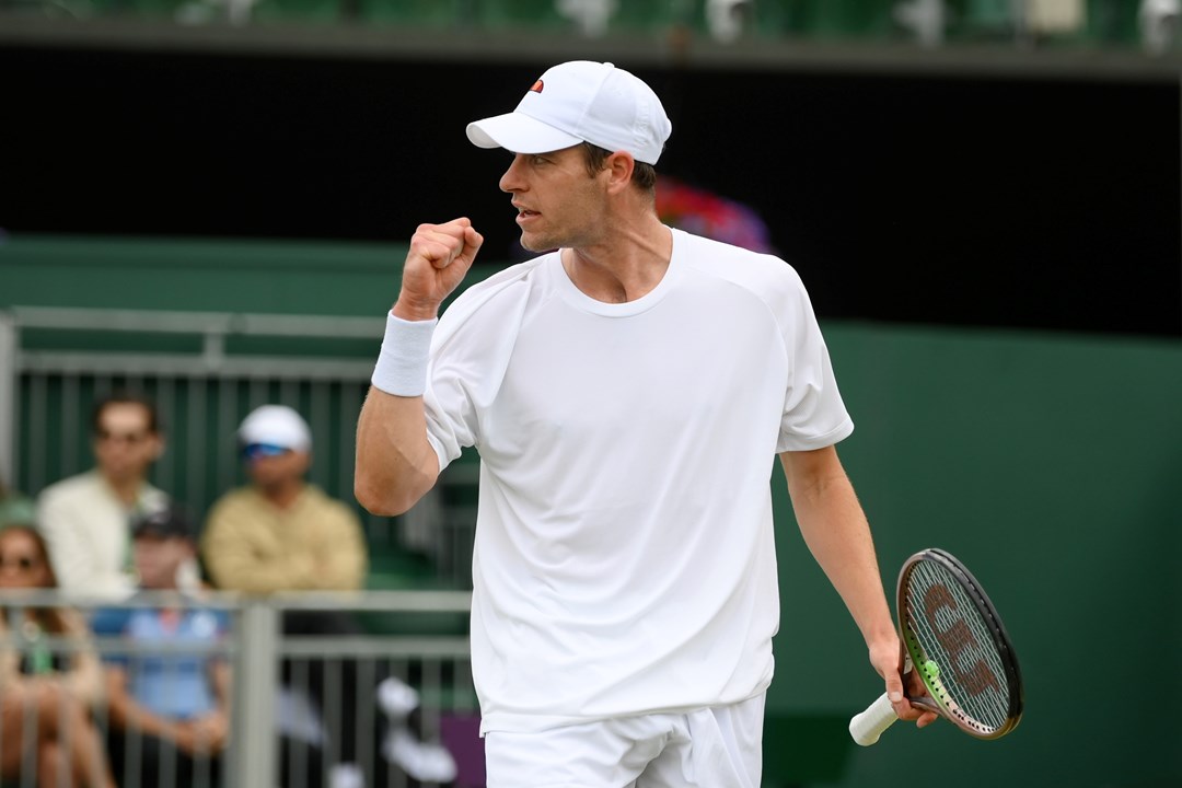 Alastair Gray celebrates a point against Taylor Fritz during their Men's Singles Second Round match on day four of The Championships Wimbledon 2022 