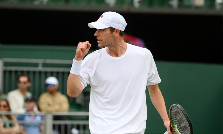 Alastair Gray celebrates a point against Taylor Fritz during their Men's Singles Second Round match on day four of The Championships Wimbledon 2022 