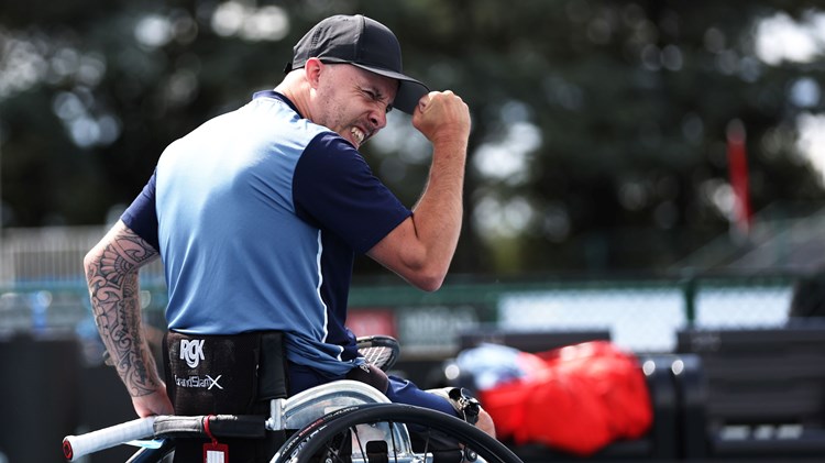 Andy Lapthorne of Great Britain celebrates victory against Heath Davidson of Australia during the Lexus British Open Wheelchair Tennis Championships at Lexus Nottingham Tennis Centre on August 02, 2023 in Nottingham, England. 