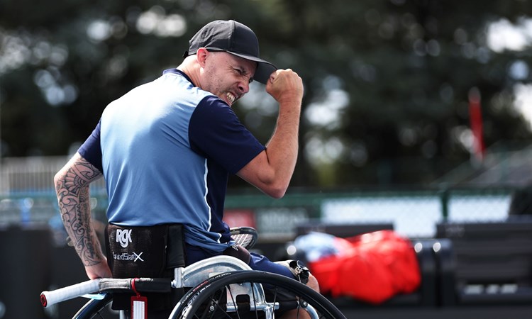 Andy Lapthorne of Great Britain celebrates victory against Heath Davidson of Australia during the Lexus British Open Wheelchair Tennis Championships at Lexus Nottingham Tennis Centre on August 02, 2023 in Nottingham, England. 