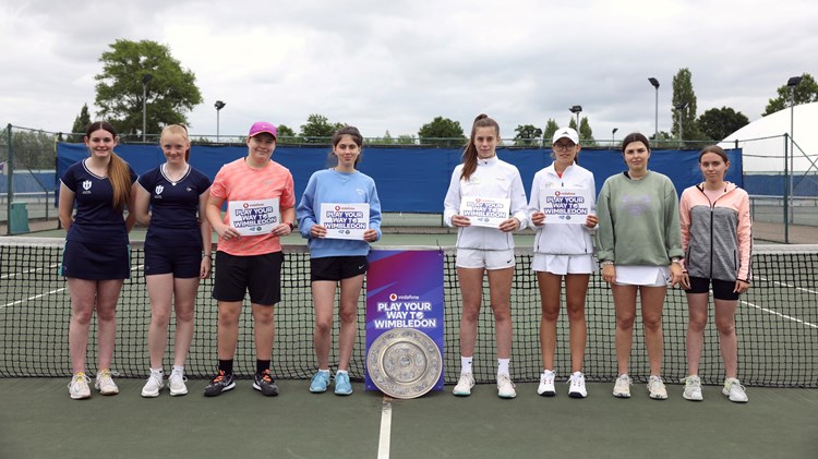 Amateur junior players from across the UK posing with the Nationals trophy ahead of the final of the of the LTA and AELTC’s grassroots tournament Play Your Way to Wimbledon