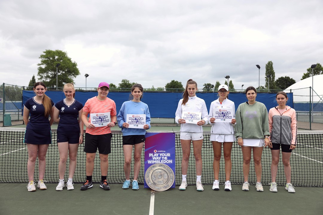 Amateur junior players from across the UK posing with the Nationals trophy ahead of the final of the of the LTA and AELTC’s grassroots tournament Play Your Way to Wimbledon