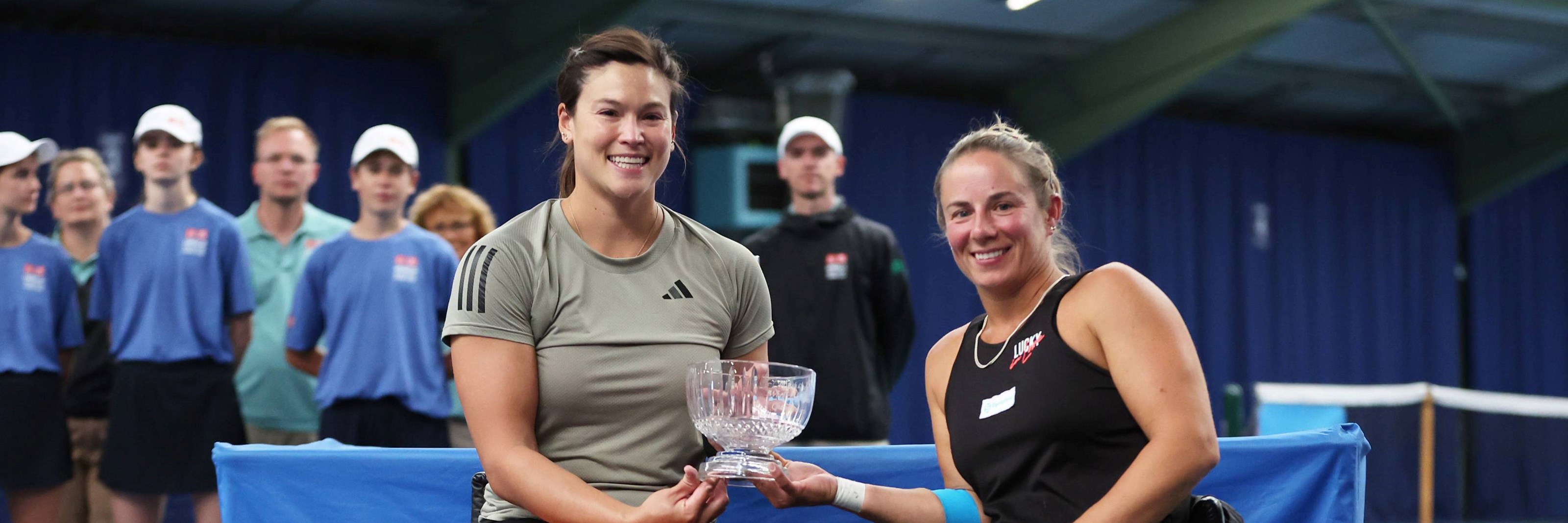 Dana Mathewson of United States and Lucy Shucker of Great Britain pose for a photo with the runners up trophy against Diede de Groot and Jiske Griffioen of Netherlands following the women's doubles final during the Lexus British Open Wheelchair Tennis Championships at Lexus Nottingham Tennis Centre on August 05, 2023 in Nottingham, England. 
