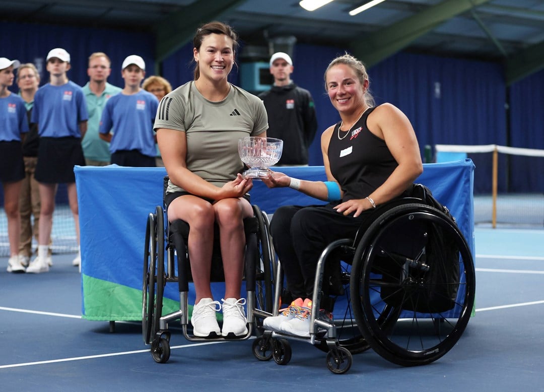 Dana Mathewson of United States and Lucy Shucker of Great Britain pose for a photo with the runners up trophy against Diede de Groot and Jiske Griffioen of Netherlands following the women's doubles final during the Lexus British Open Wheelchair Tennis Championships at Lexus Nottingham Tennis Centre on August 05, 2023 in Nottingham, England. 